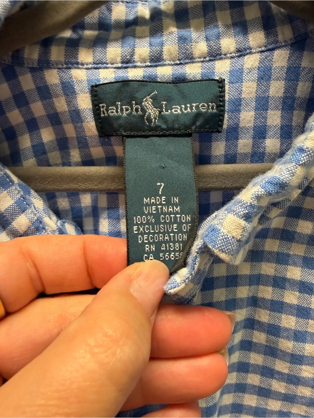 Ralph Lauren Blue and White Gingham Button-Down Shirt with Green Pony